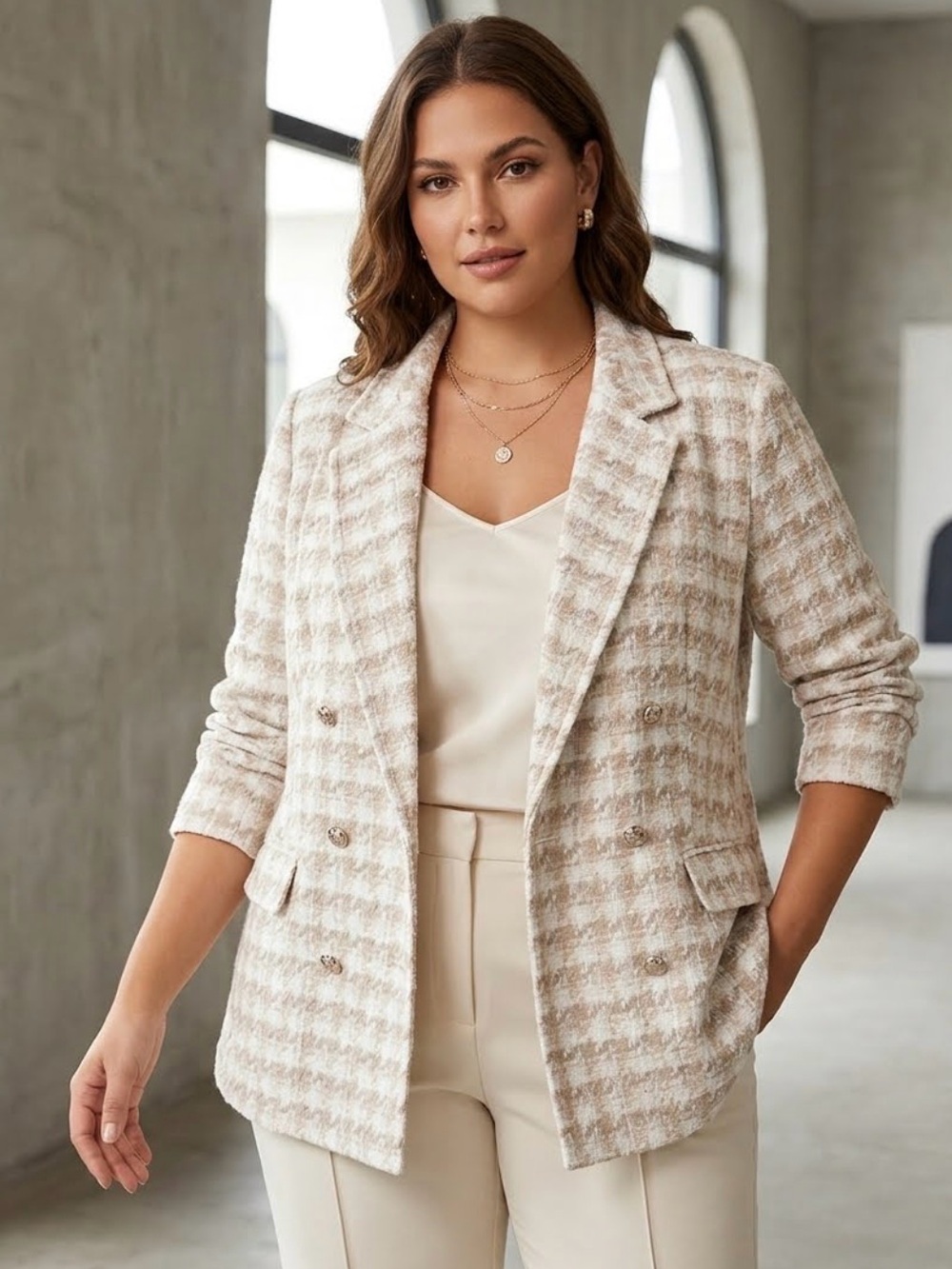 Elegant Beige Houndstooth Women's Blazer